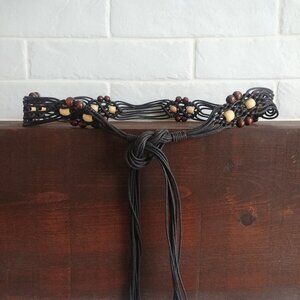 Very dark brown woven beaded leather tie belt